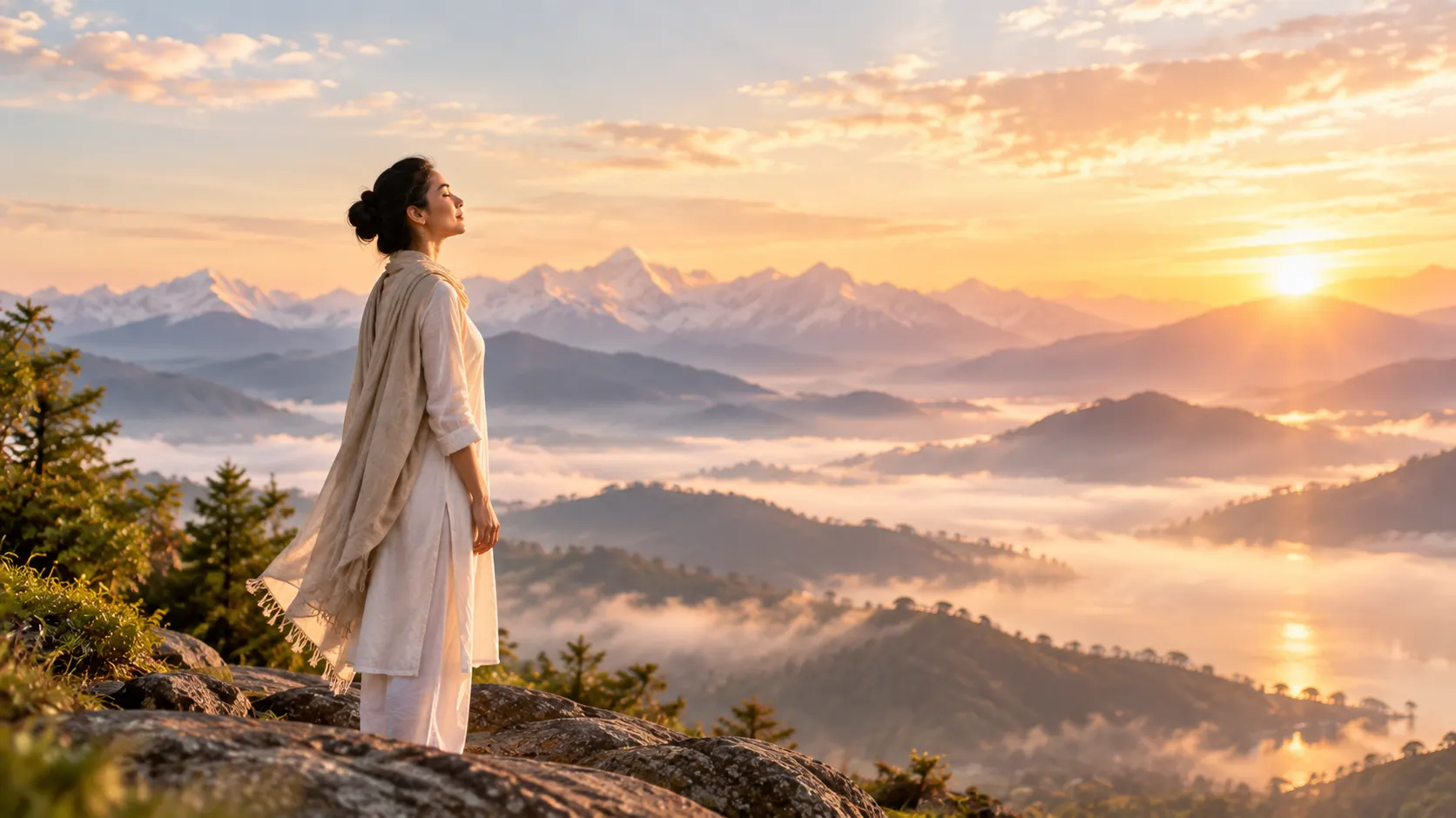 Spiritual awakening on mountain peak overlooking golden sunrise landscape
